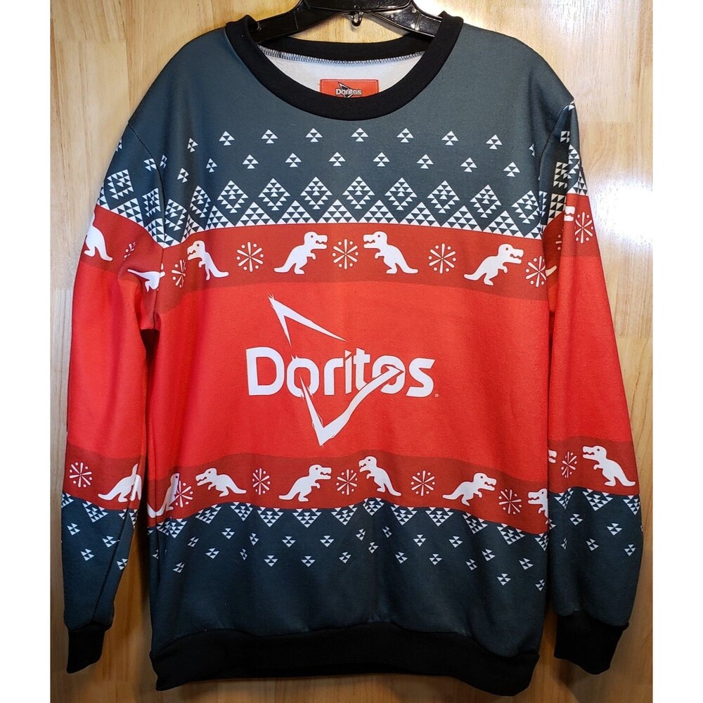 Doritos Ugly Christmas Sweater Mens XL Dinosaur T-Rex Fair Isle Holiday Red